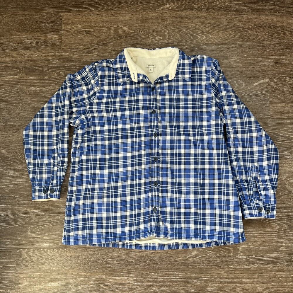 L.L.Bean Women Fleece-Lined Flannel Jacket Button Down Blue White Plaid Size XL